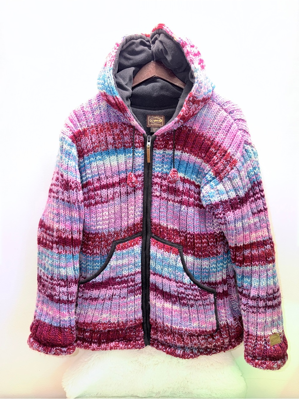 Kyber 100% Wool Striped Knit Zip Hoodie Boho Jacket Pink Burgundy & Light Blue 💞
